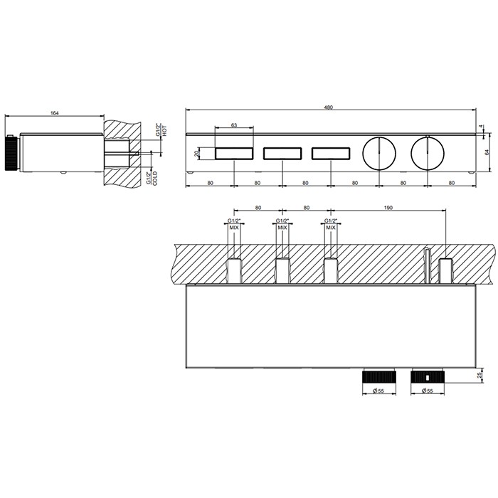 Термостат для душа, с вкл. до 3 источников одновременно, с полкой из черного мат. стекла, Gessi Hi Fi, black xl арт. 63024#299