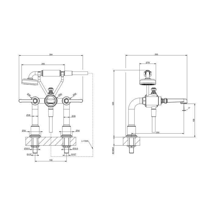 Смеситель для установки на борт ванны на 2 отверстия, двухвентильный, с ручным душем и шлангом 1500 мм., Gessi Venti20, хром арт. 65115#031