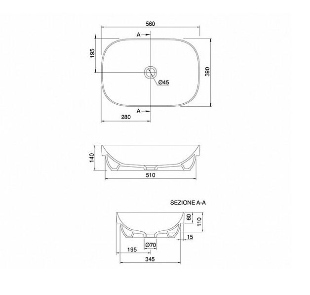 Раковина встраиваемая сверху без перелива, без отверстий, цвет черный матовый, Scarabeo Glam - 1805 49