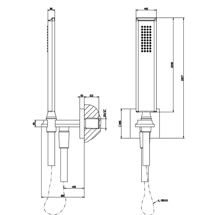 Душевой комплект: вывод на 1/2”, держатель, шланг 1,5м и душевая лейка, Gessi Eleganza, хром арт. 46127#031