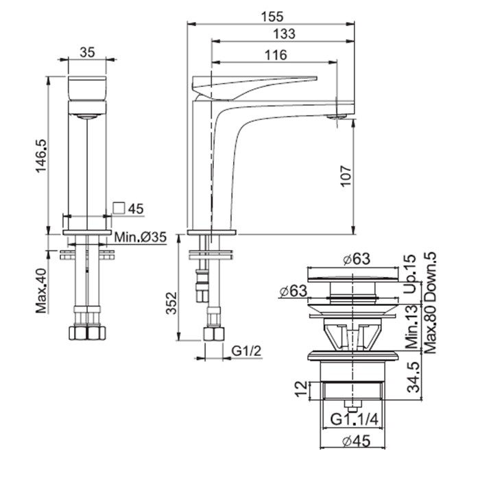 Fima Carlo Frattini Смеситель для раковины, на 1 отверстие, донный клапан click-clack, Zeta, F3961NNS цвет: черный
