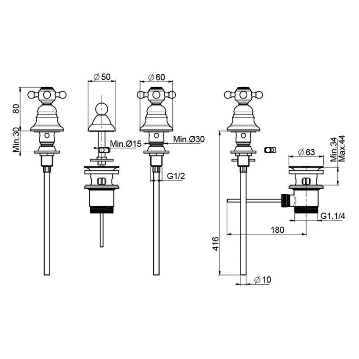 Fima Carlo Frattini Cмеситель на биде на 3 отверстия, Elizabeth, F5102CR цвет: хром