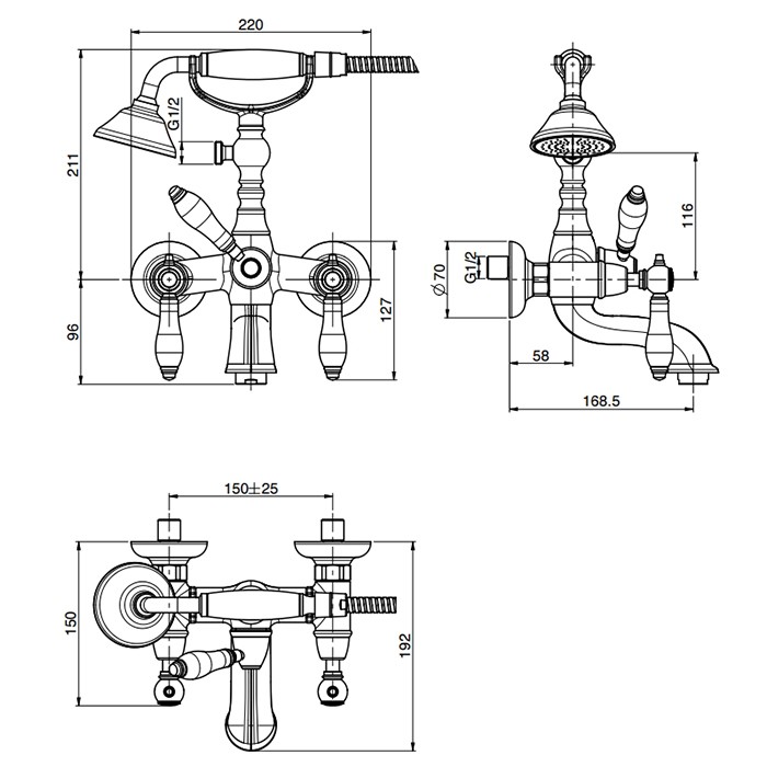 Fima Carlo Frattini Смеситель для ванны, настенный, с ручным душем., Herend, F5404CBCR цвет: хром
