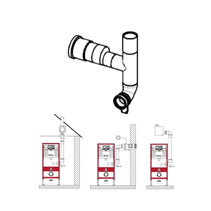 Сменный сливной патрубок для отвода воздуха, dn70 левый, 90°, profil dn TECE арт. 9820126