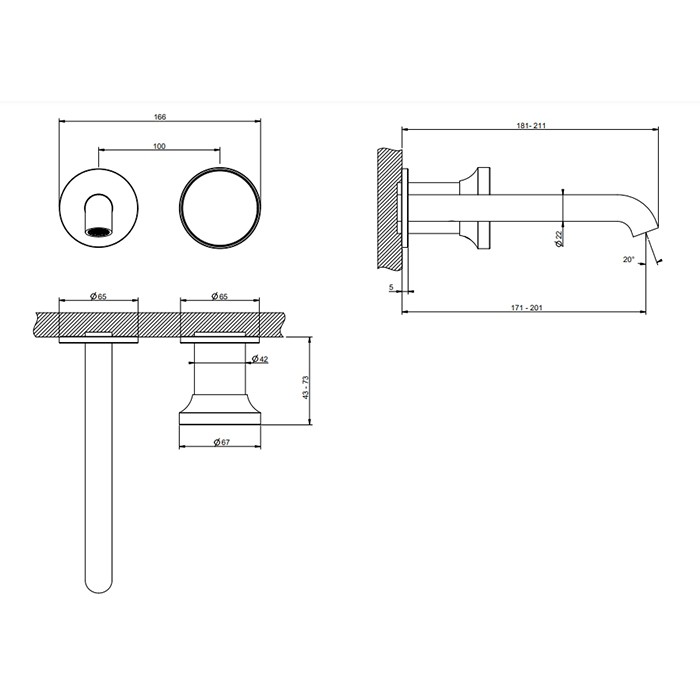Смеситель для раковины, встраиваемый, излив 17.1-20.1см., с отделочной вставкой, Gessi Origini, finox brushed nickel арт. 66088#149