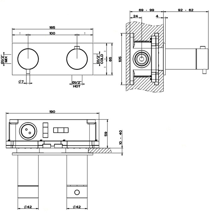 Термостатический смеситель, с подключением на 3/4”, фильтрами и вентилем с керамическими дисками, на одну позицию, Gessi Shower316, шлифованная сталь арт. 54032#239