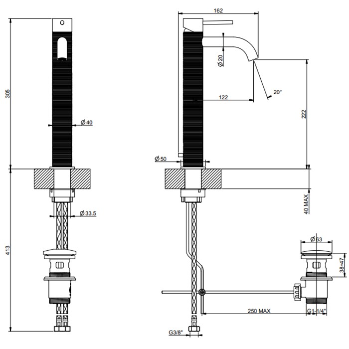 Смеситель для раковины на 1 отв., высокий, h:305мм, с донным клапаном, излив: 123мм, Gessi 316, brushed black metal pvd арт. 54304#707