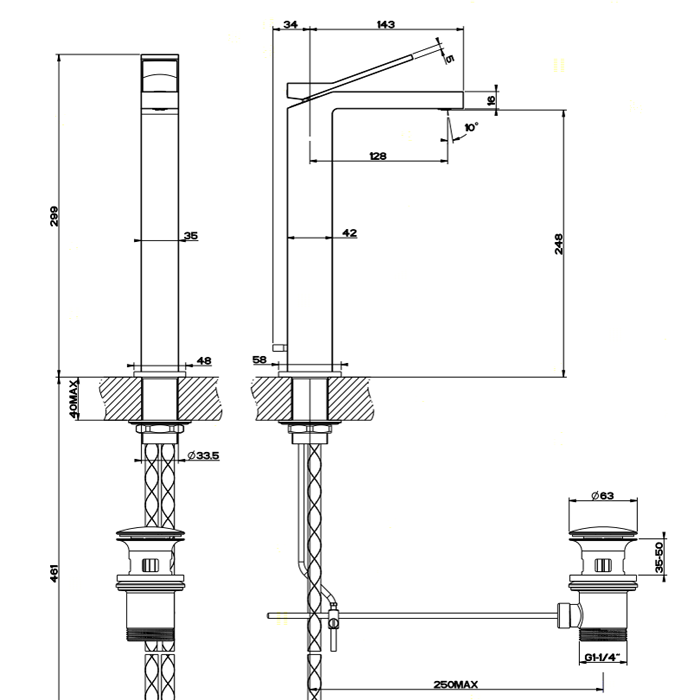 Смеситель для раковины на 1 отверстие, с донным клапаном, излив 128мм, Gessi Rettangolo, черный арт. 53005#299
