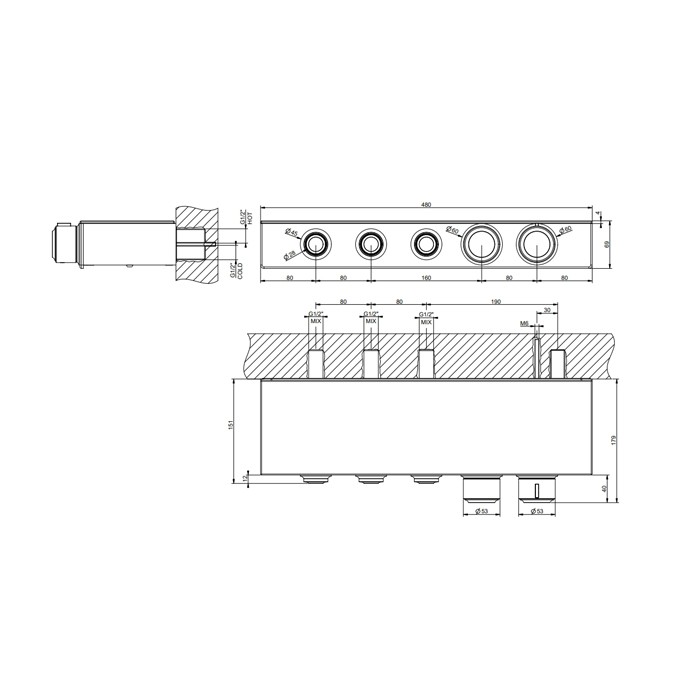 Смеситель для душа настенный встраиваемый, термостатический, с полкой, с 3 запорными кнопками, Gessi Hi Fi Eclectic, черный матовый арт. 65254#299