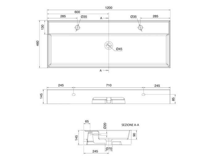 Раковина подвесная или накладная с переливом с двумя отверстиями, цвет белый, Scarabeo Teorema 2.0 - 5107/R-120B