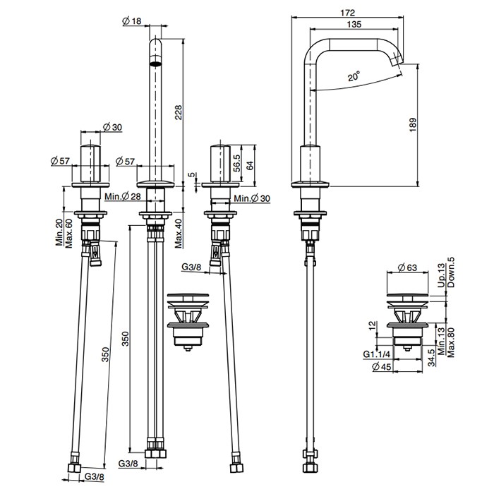 Fima Carlo Frattini Смеситель для раковины, на 3 отв., с донным клапаном, So, F3191BNS цвет: черный