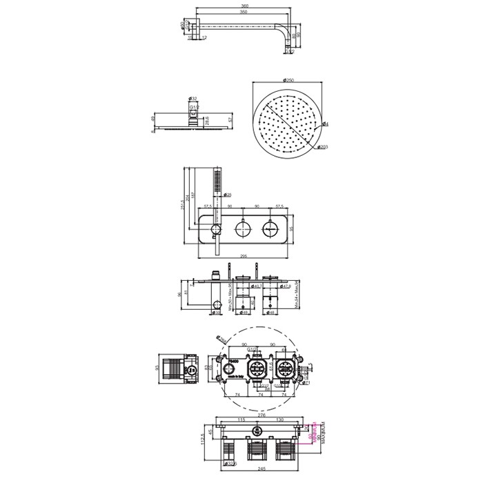Fima Carlo Frattini Душевая система, встраиваемая, верхний душ 25см., с термостатическим смесителем и ручным душем, на 2 выхода, Sistemi doccia, F3149WX3R252CR цвет: хром