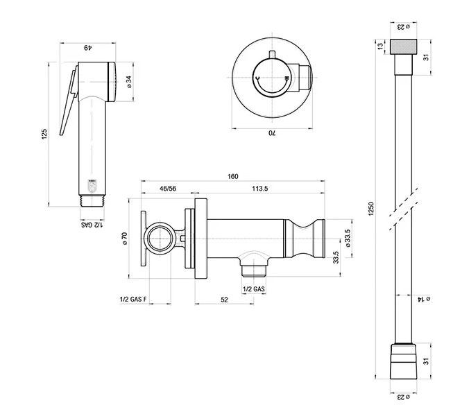 Гигиенический душ Bossini Paloma со смесителем, С ВНУТРЕННЕЙ ЧАСТЬЮ, хром арт. E37015B.030