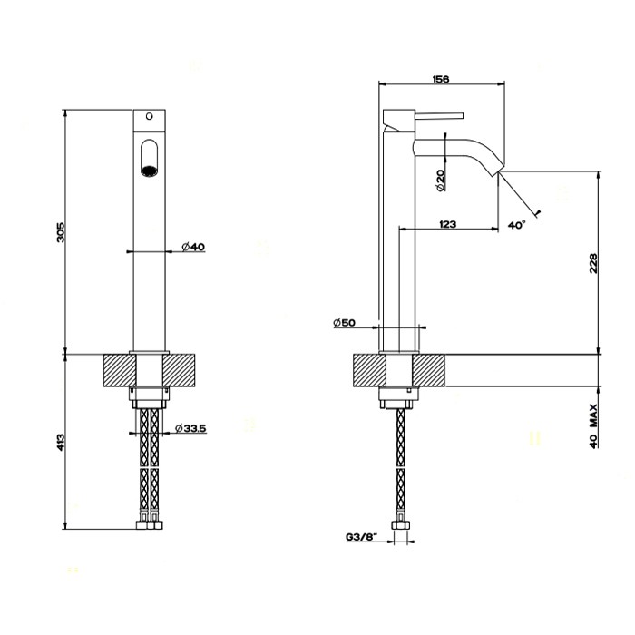 Смеситель для раковины высокий, без донного клапана, Gessi Flessa, шлифованная сталь арт. 54009#239