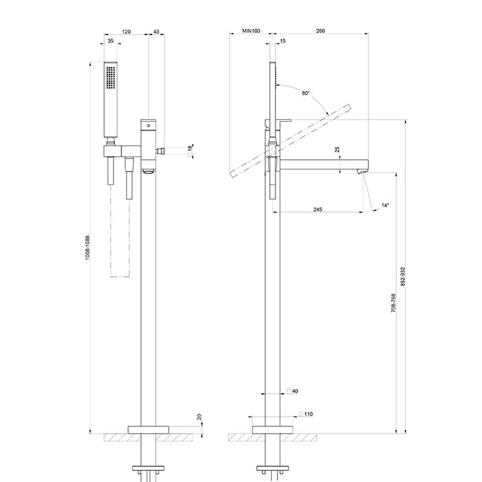 Смеситель для ванны, напольный, с ручным душем и шлангом 150см., внешняя часть, Gessi Rettangolo, black metal pvd арт. 24961#706