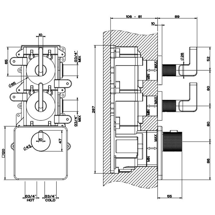 Встраиваемый термостатический смеситель на 2 источника, резьба 3/4" (внешние части), Gessi Inciso, nero xl арт. 58214#299
