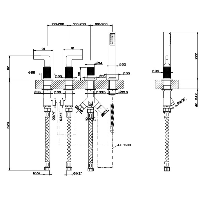 Смеситель для ванны, 4 отв., с ручным душем и шлангом 150 см, Gessi Inciso, хром арт. 58043#031