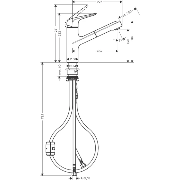 Смеситель для кухни, Eco, с вытяжным изливом, Hansgrohe Focus M42, хром арт. 71865000