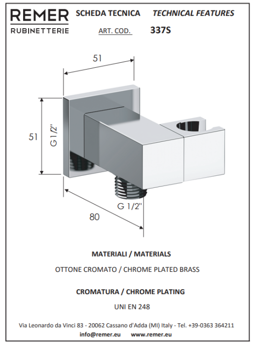 Держатель ручного душа с подключением шланга черный глянцевый, Remer, скрытого монтажа 337SCFP