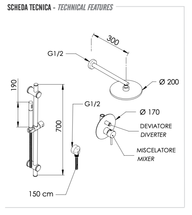 Комплект: Душевая система никель матовый, Remer X Style, скрытого монтажа X09S01ONPO