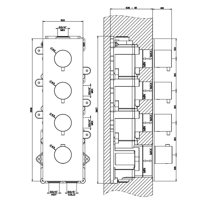 Встраиваемый термостатический смеситель на 3 источника, резьба 3/4", Gessi 316, steel brushed арт. 54516#239
