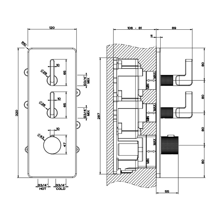 Смеситель для душа, встраиваемый, термостатический, резьба 3/4", Gessi Inciso, black xl арт. 58204#299
