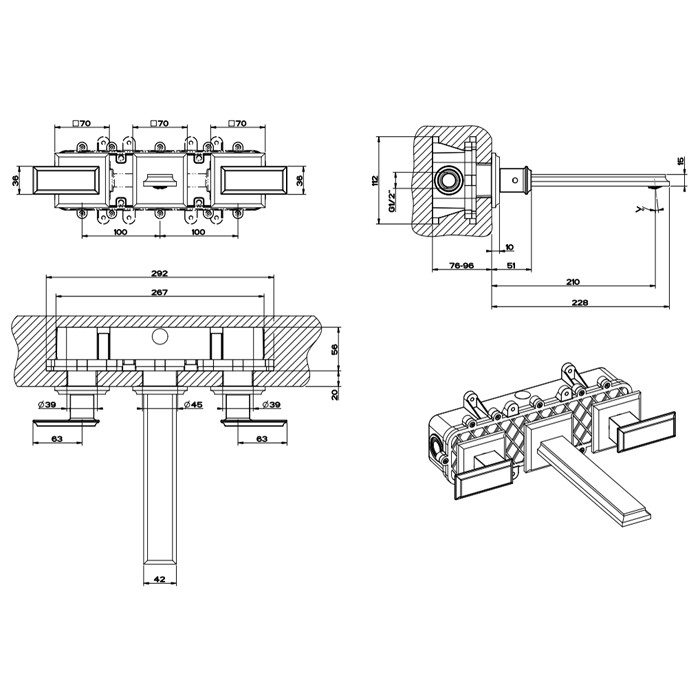 Встраиваемый смеситель для раковины на 3 отверстия, без донного клапана, с изливом, Gessi Eleganza, черный металлик арт. 46090#706