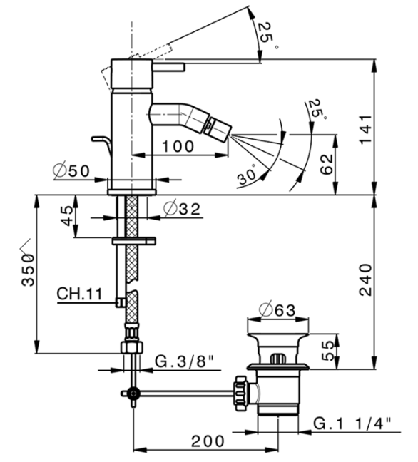 Смеситель для биде Cisal Less New с донным клапаном, цвет черный матовый арт. LN00055040