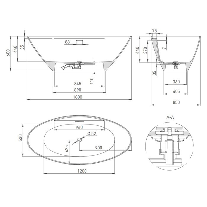 Ванна отдельностоящая 178x85,5, глянцевая, Salini DIVA арт. 102211G