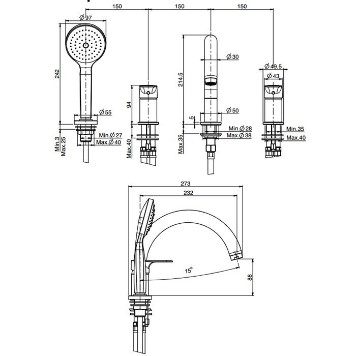 Fima Carlo Frattini Смеситель на борт ванны, на 4 отв., с ручным душем, Serie 22, F3844NCR цвет: хром
