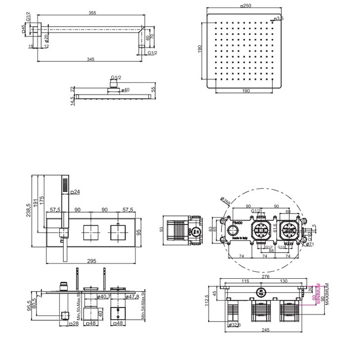 Fima Carlo Frattini Душевая система, верхний душ 25х25см., с термостатическим смесителем и ручным душем, на 2 источника, Sistemi doccia, F3989WX3QP256CR цвет: хром