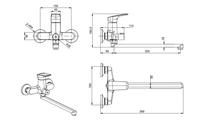 Смеситель для ванны с длинным изливом, Aquatek Вега, хром арт. AQ1042CR