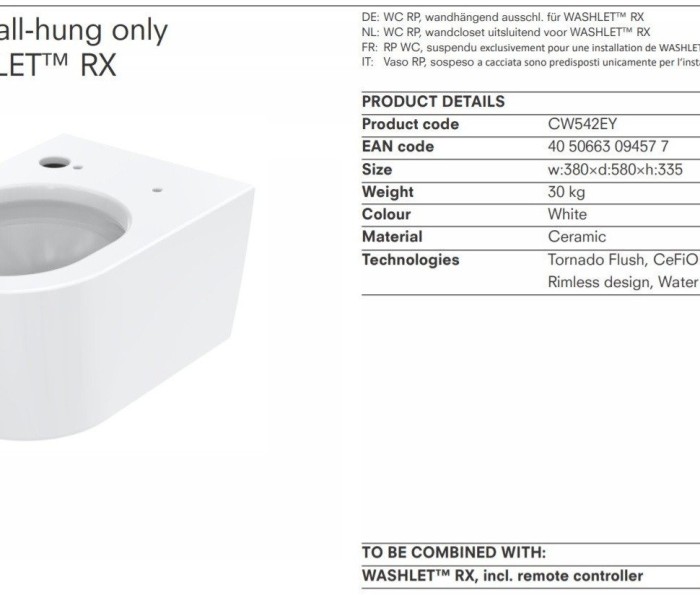 Унитаз подвесной 38x58x33.5см, RP TOTO, CW542EY цвет: белый