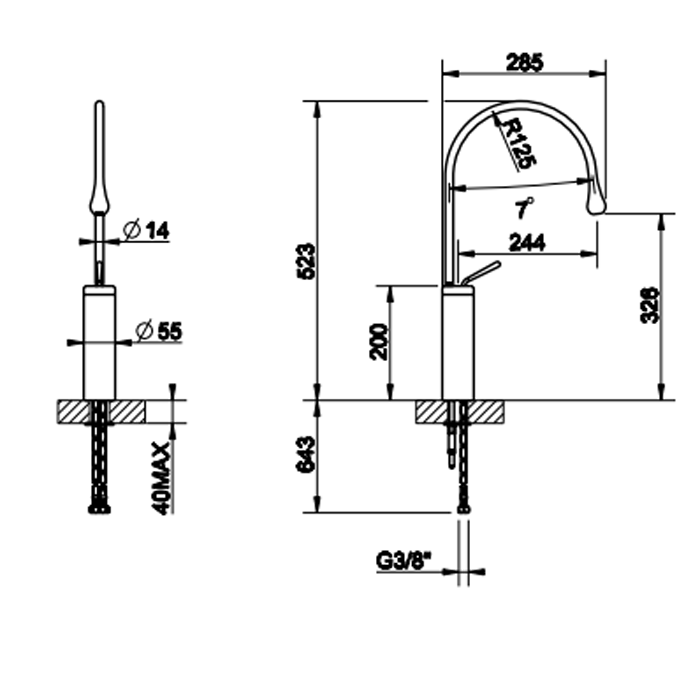 Смеситель для раковины на 1 отверстие, высокий, излив 244мм R=125, с фиксированным носиком, Gessi Goccia, хром арт. 33810#031