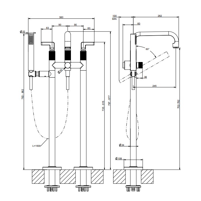 Смеситель для ванны, напольный, с ручным душем, Gessi Inciso, black xl арт. 58029#299
