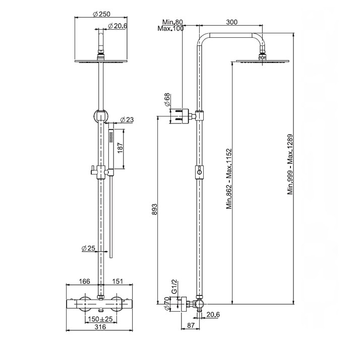 Fima Carlo Frattini Душевая система: смеситель для душа, внешнего монтажа, с душевой стойкой, верхним душем d 250мм, Wellness, F3255/R256CR цвет: хром