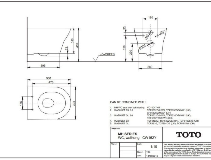 Подвесной унитаз, SERIES MH TOTO, CW162+VC10047NR цвет: белый