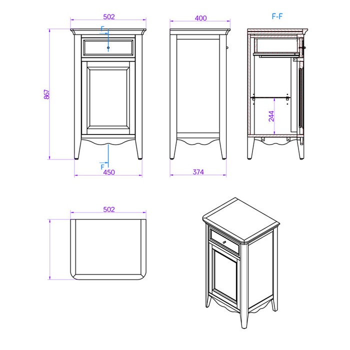 Тумба напольная, 50.2/45х40/37.4хh86.7см, 1 распашная дверка 1 выдвижной ящик, доводчики blum (петли справа-dx), Veronica gridgio, Tiffany World - VER2150D-G
