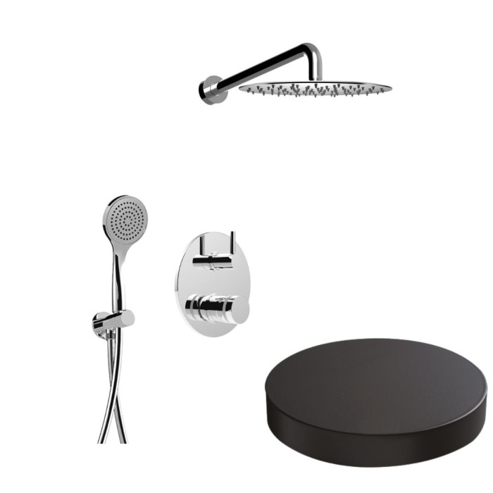 Встраиваемый душевой комплект на 2 режима, однорычажный, с поворотным переключателем, ручной душ, кронштейн, верхний душ d25 см, Giulini My ring, черный матовый арт. MR0067EPNO