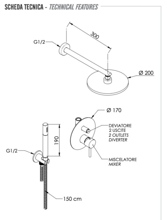 Комплект: Душевая система черный глянцевый, Remer X Style, скрытого монтажа X09S01OCFP