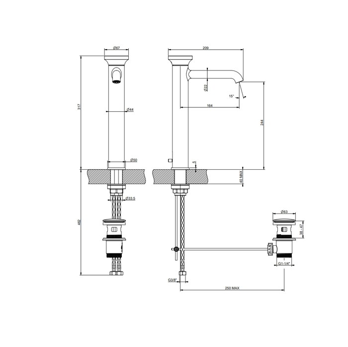 Смеситель для раковины высокий с донным клапаном, Gessi Origini, finox brushed nickel арт. 66003#149