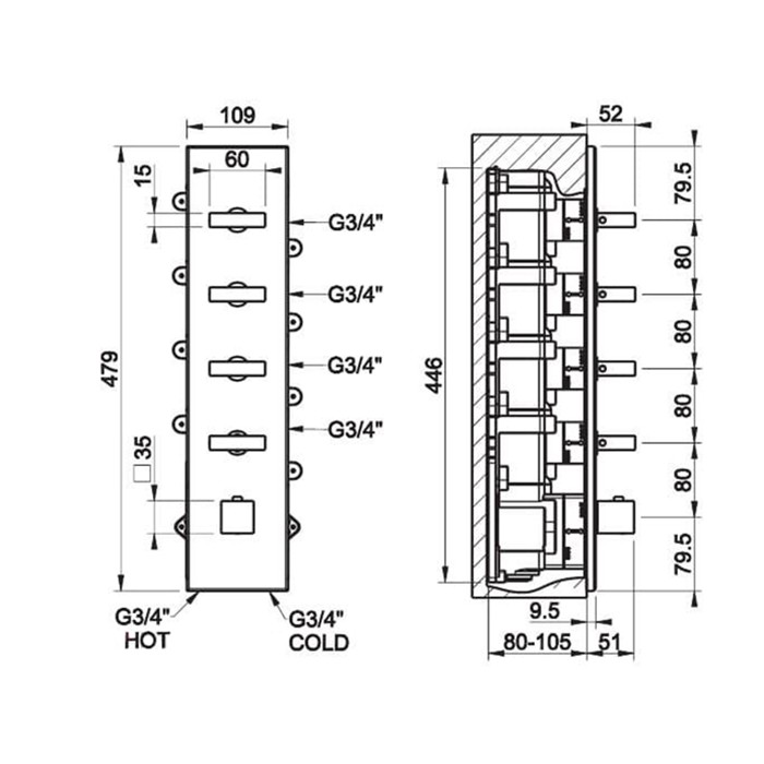 Смеситель для душа, встраиваемый, термостатический, подключение на 3/4”, с 4мя независимыми выходами, Gessi Rettangolo, black xl арт. 43028#299