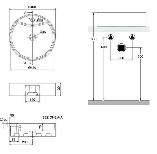 Раковина GEO R накладная с переливом с одним отверстием, цвет белый, Scarabeo Thin-line - 8029/R