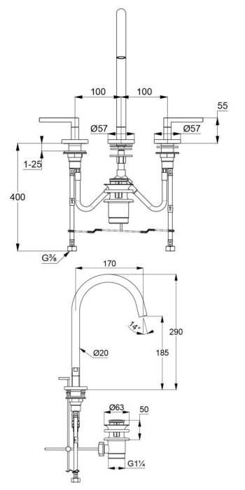 Смеситель для умывальника на 3 отверстия, матовый, nova fonte Kludi, черный матовый - 201433915