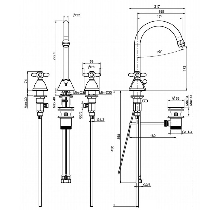 Fima Carlo Frattini Смеситель для раковины, на 3 отверстия, с вращающимся изливом, Olivia, F5001CR цвет: хром