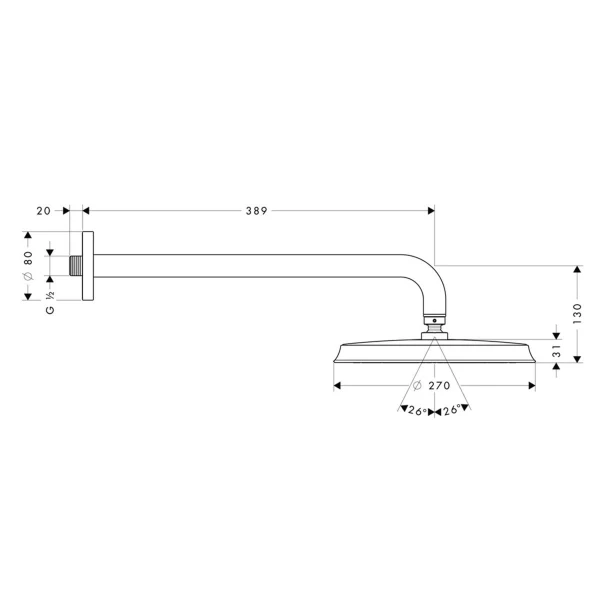 Верхний душ 270 с настенным кронштейном хром/под Raindance Classic Hansgrohe, золото арт. 27424090