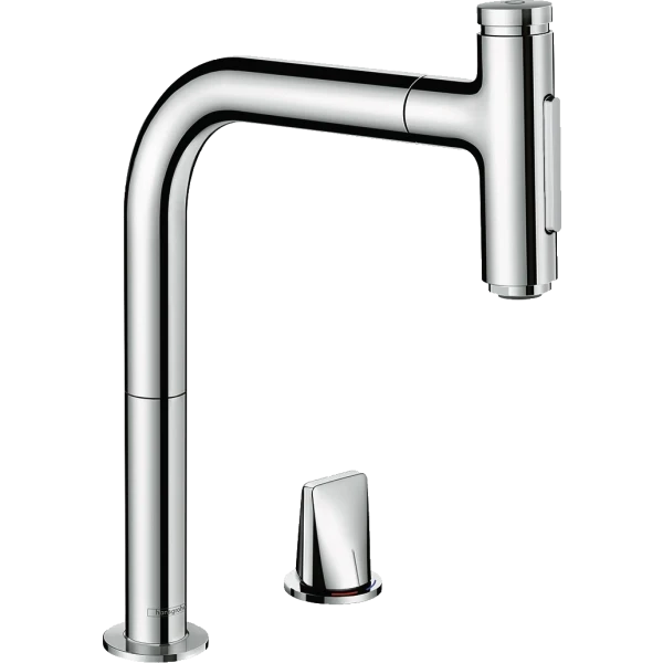 Смеситель для кухни, на 2 отверстия, с вытяжным душем, Hansgrohe Metris Select M71, хром арт. 73818000
