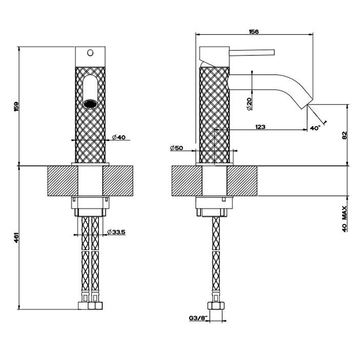 Смеситель для раковины на 1 отверстие без донного клапана, излив 123мм, Gessi 316, brushed black metal pvd арт. 54102#707