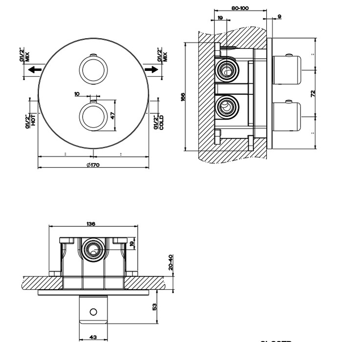 Встраиваемый термостат, подключение на 3/4”, с переключателем на 2 выхода, Gessi Goccia, белый арт. 33844#279