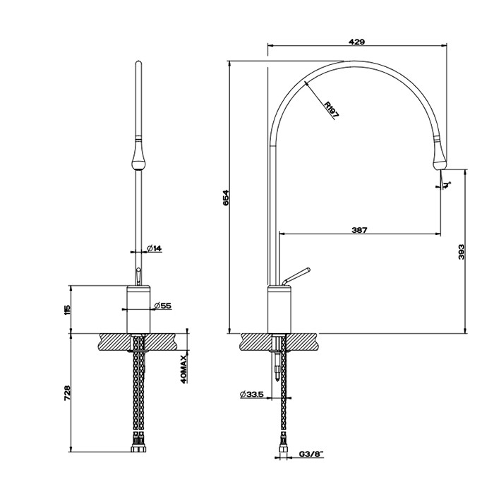 Смеситель для раковины, на 1 отверстие, излив 38.7см., с фиксированным носиком, Gessi Goccia, black metal ghrc арт. 33808#124